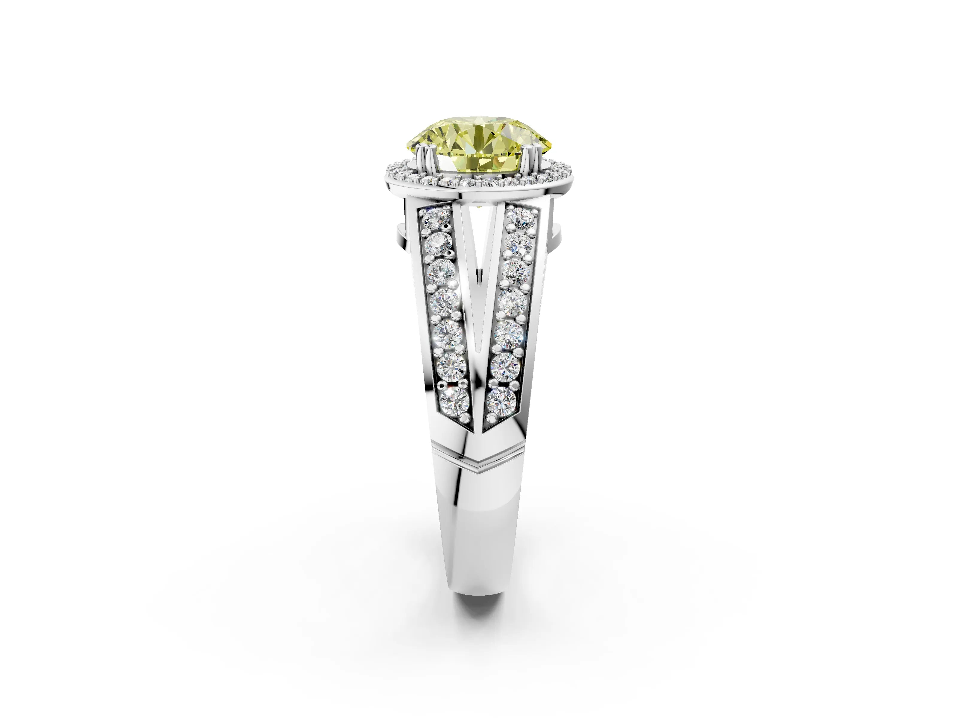White gold Fancy Yellow Round Cut Diamond Halo Ring with Split Shank Pavé Band and Four-Prong Setting_14