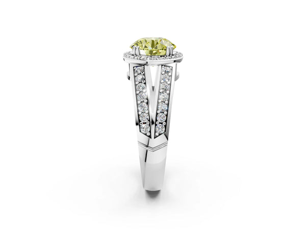 White gold Fancy Yellow Round Cut Diamond Halo Ring with Split Shank Pavé Band and Four-Prong Setting