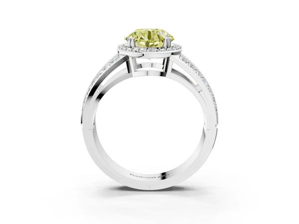White gold Fancy Yellow Round Cut Diamond Halo Ring with Split Shank Pavé Band and Four-Prong Setting