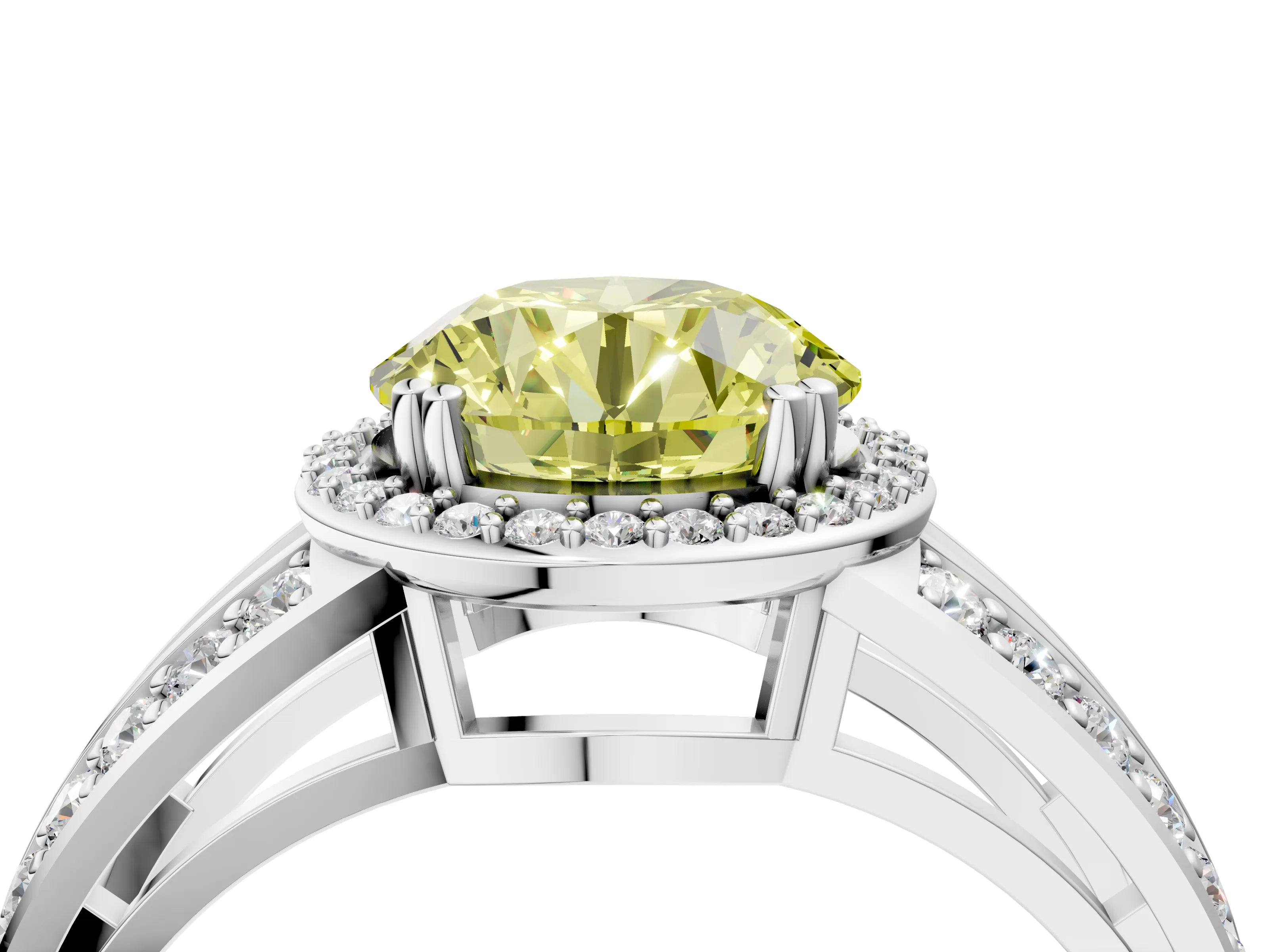 White gold Fancy Yellow Round Cut Diamond Halo Ring with Split Shank Pavé Band and Four-Prong Setting_16