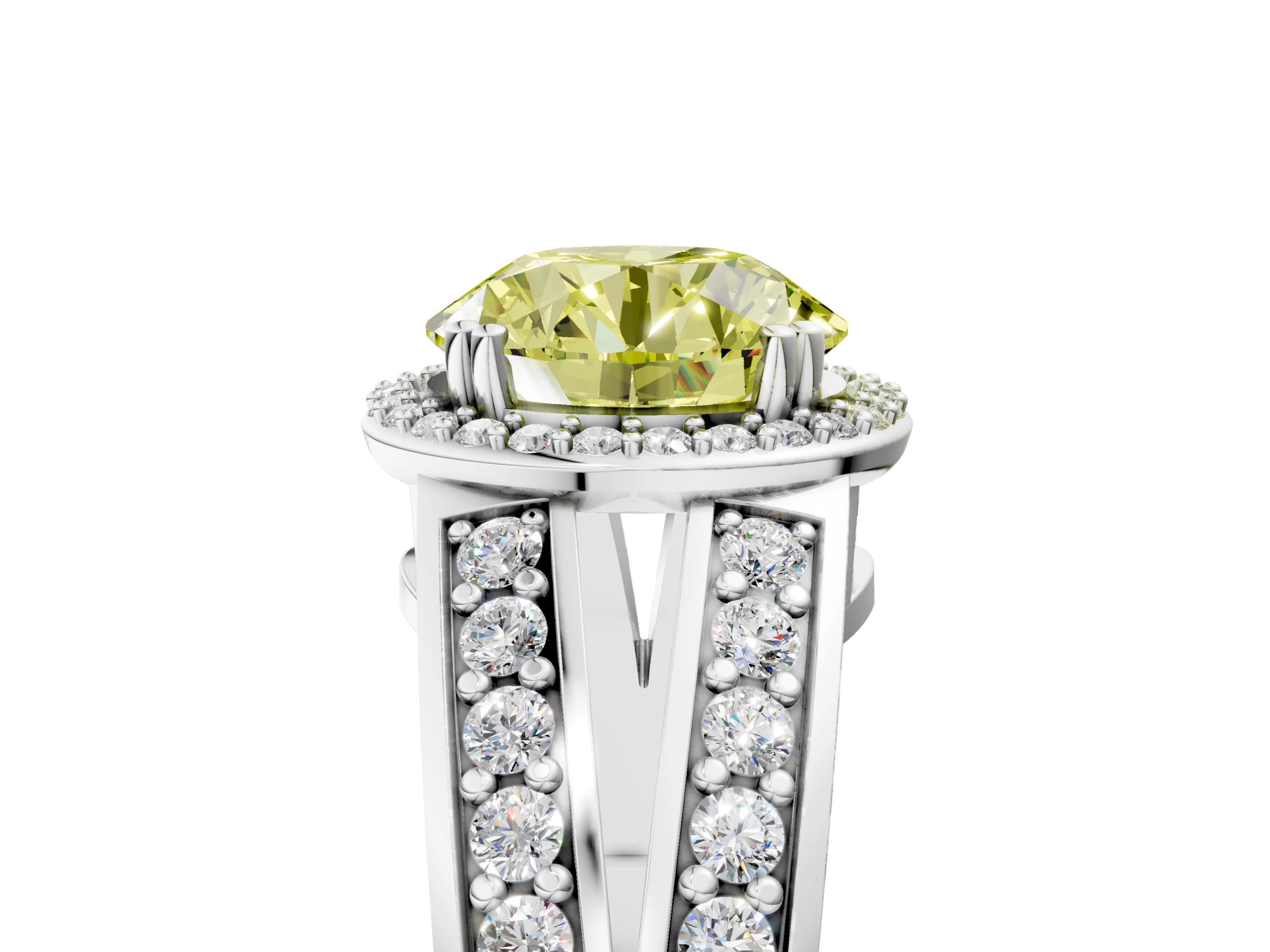 White gold Fancy Yellow Round Cut Diamond Halo Ring with Split Shank Pavé Band and Four-Prong Setting_17