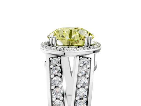 White gold Fancy Yellow Round Cut Diamond Halo Ring with Split Shank Pavé Band and Four-Prong Setting_17