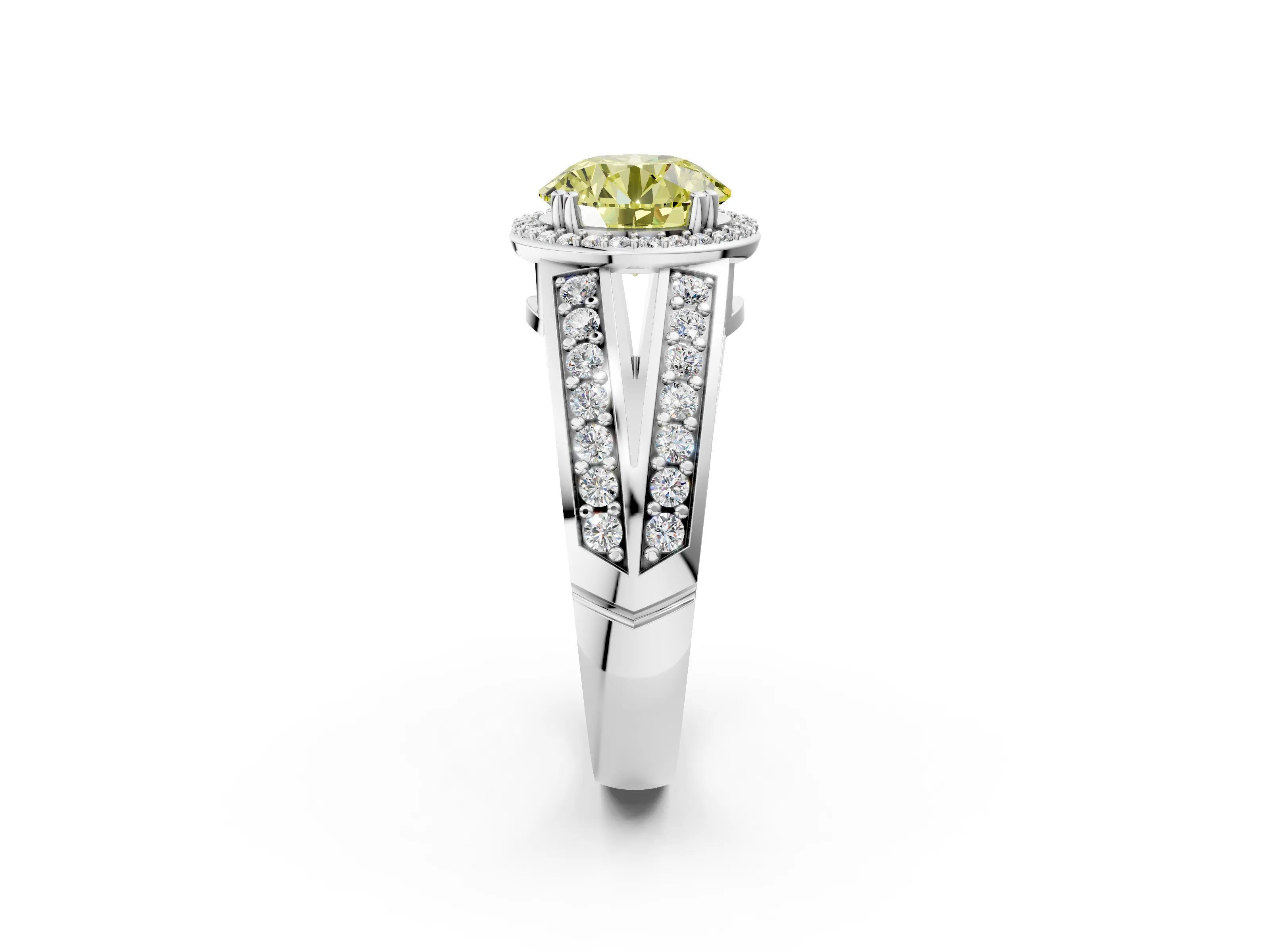White gold Fancy Yellow Round Cut Diamond Halo Ring with Split Shank Pavé Band and Four-Prong Setting_2