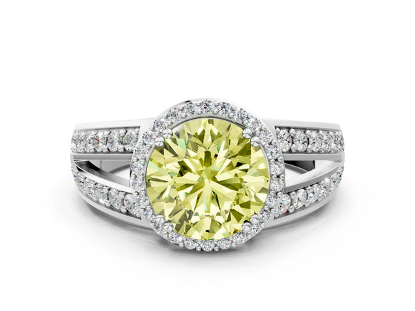 White gold Fancy Yellow Round Cut Diamond Halo Ring with Split Shank Pavé Band and Four-Prong Setting