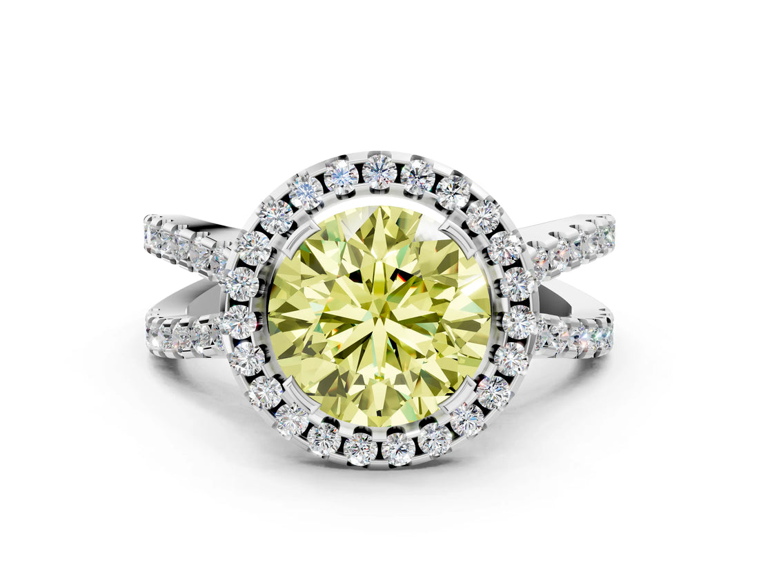 White gold Fancy Yellow Round Cut Diamond Halo Ring with Split Shank Pavé Band and Prong Setting_17