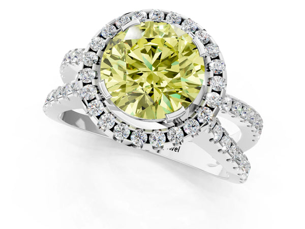 Platinum Fancy Yellow Round Cut Diamond Halo Ring with Split Shank Pavé Band and Prong Setting