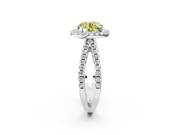 Platinum Fancy Yellow Round Cut Diamond Halo Ring with Split Shank Pavé Band and Prong Setting
