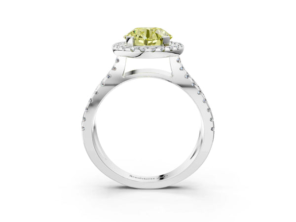 Platinum Fancy Yellow Round Cut Diamond Halo Ring with Split Shank Pavé Band and Prong Setting