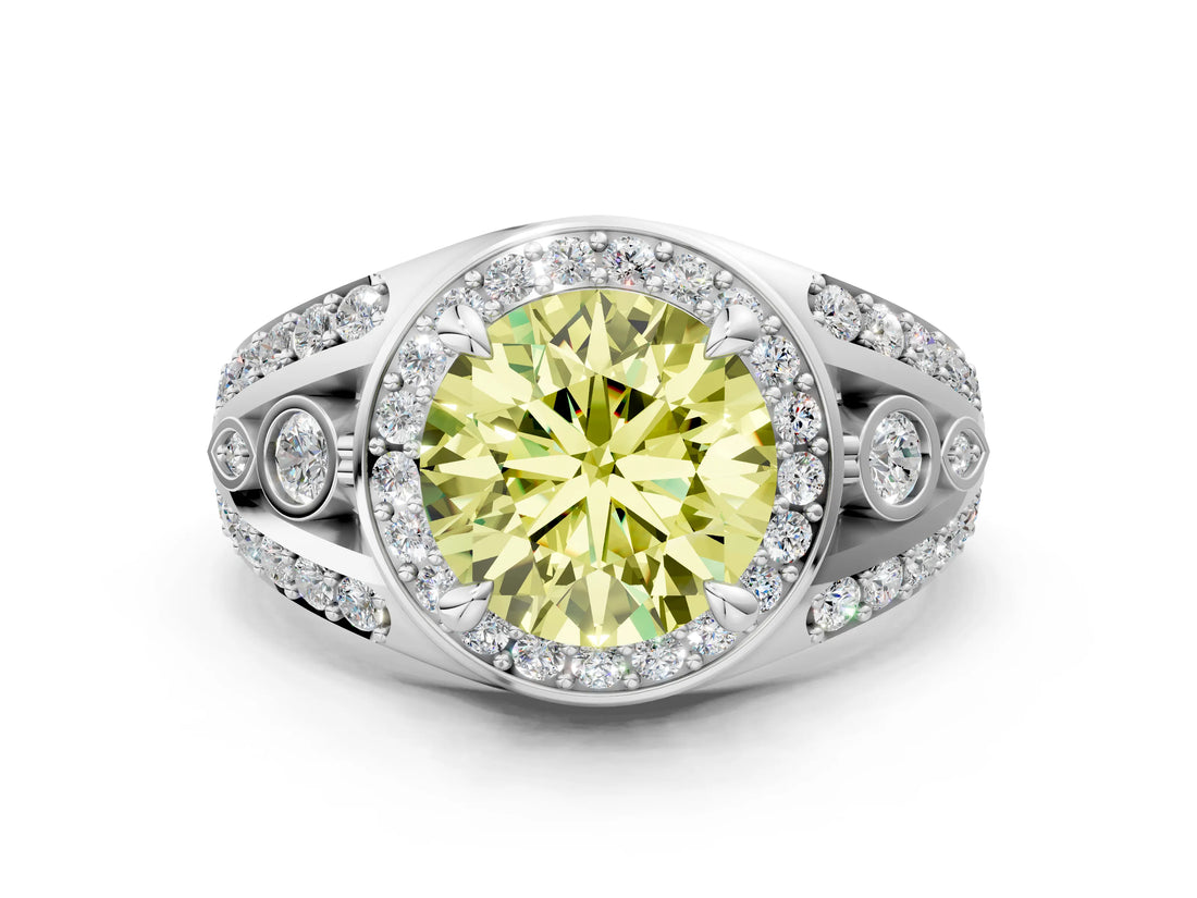 White gold Fancy Yellow Round Cut Diamond Halo Ring with Split Shank and Bezel Accents and Four-Prong Setting