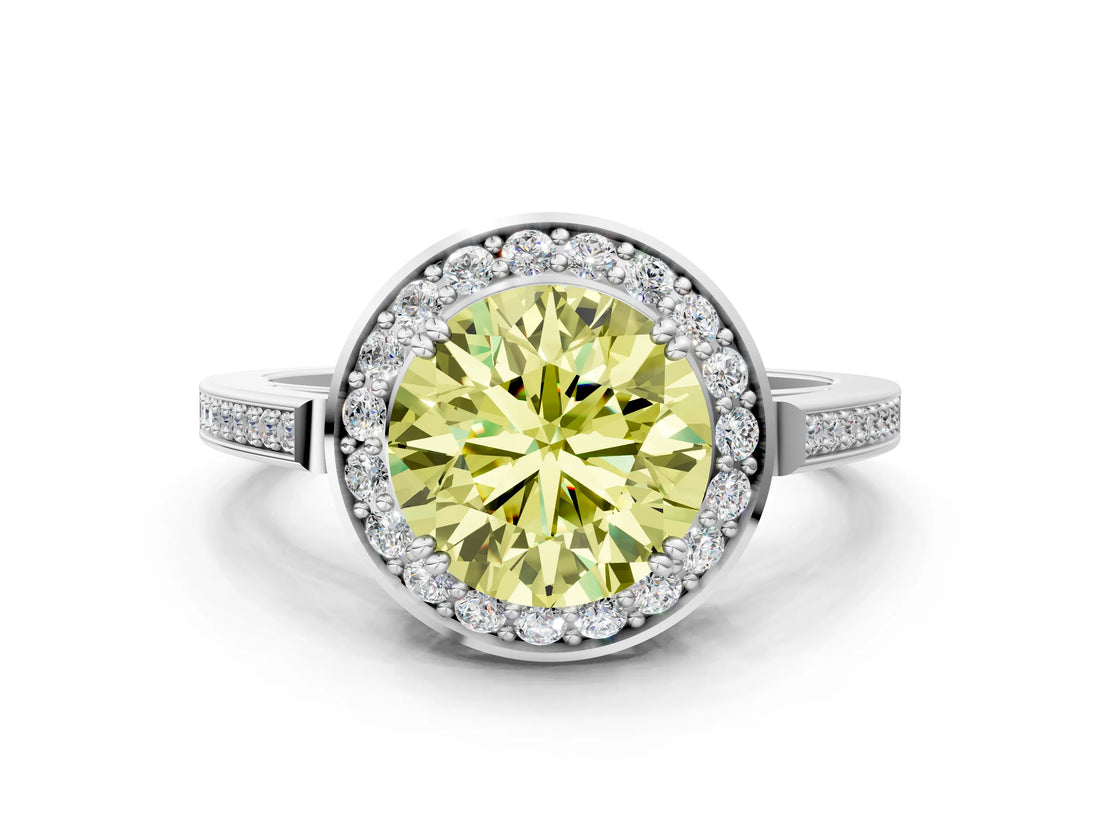 White gold Fancy Yellow Round Cut Diamond Halo Ring with Split Shank and Four-Prong Setting_17