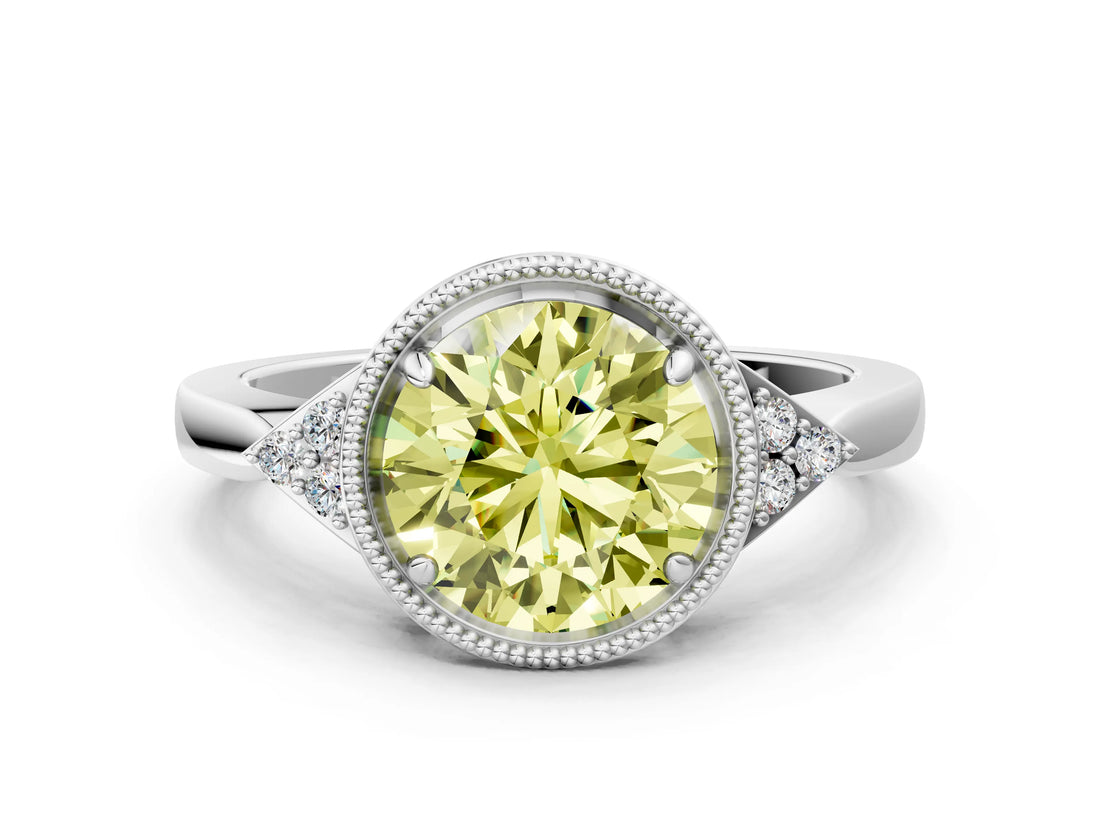 White gold Fancy Yellow Round Cut Diamond Halo Ring with Tapered Band and Four-Prong Setting_31