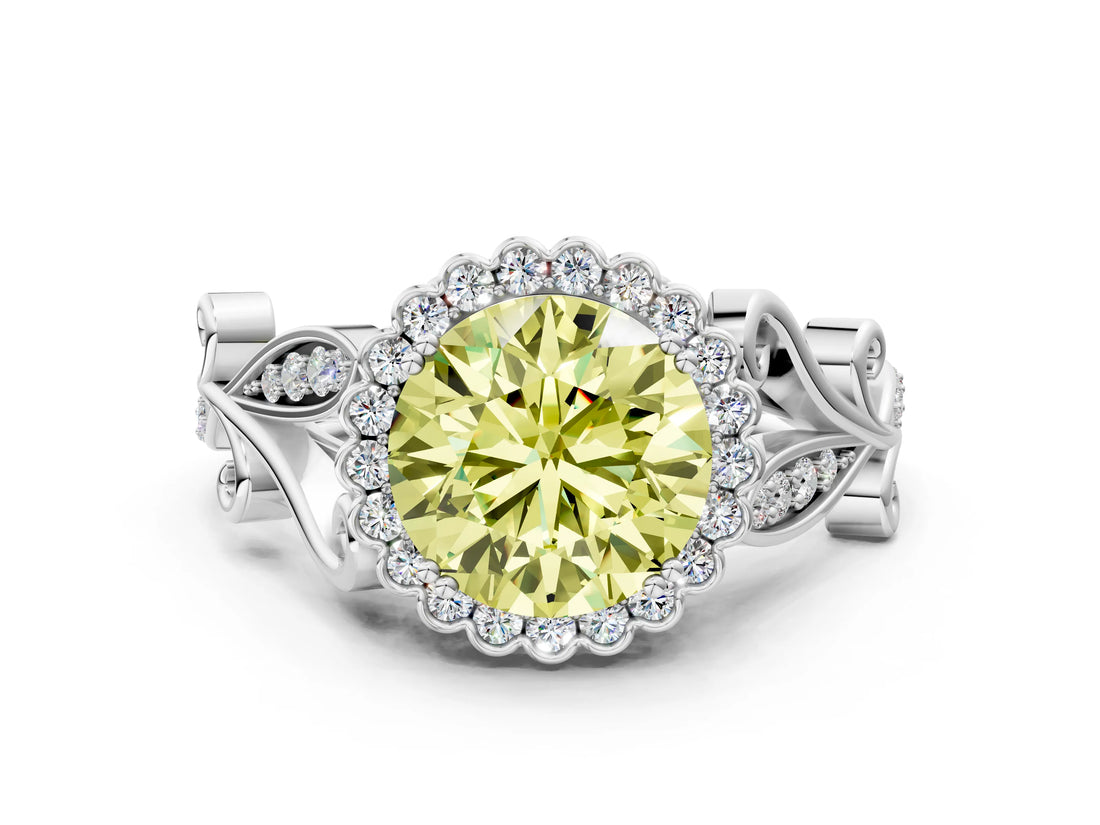 White gold Fancy Yellow Round Cut Diamond Halo Ring with Vintage Split Shank and Four-Prong Setting_100