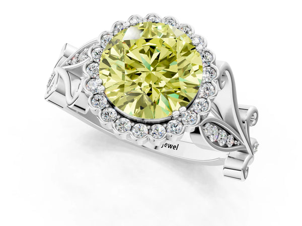 Platinum Round Graduated Leaf Halo Engagement Ring Setting for Fancy Yellow Center