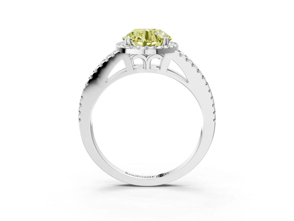 White gold Fancy Yellow Round Cut Diamond Halo Split Shank Engagement Ring