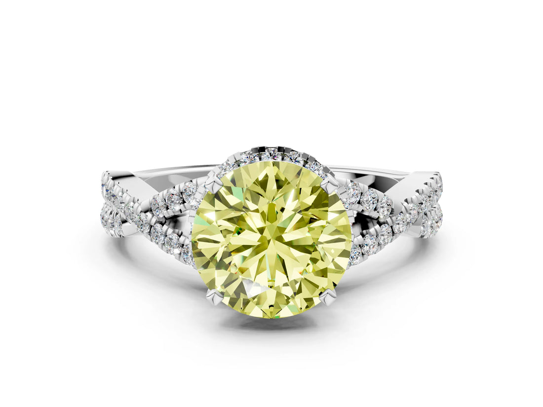 White gold Fancy Yellow Round Cut Diamond  Halo Twist Band Solitaire Prong Setting Ring_13