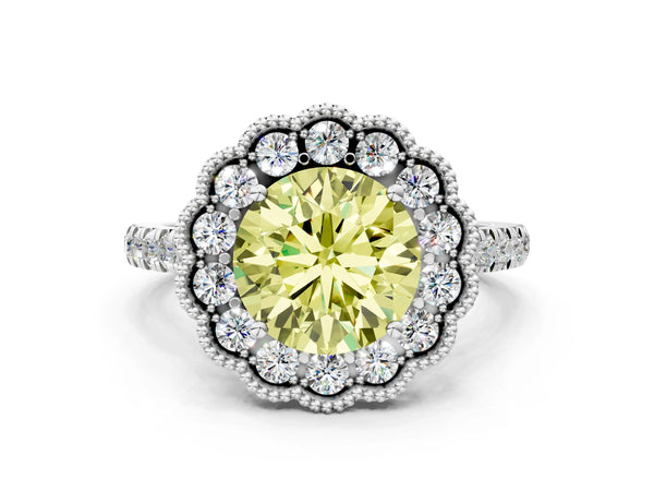 Platinum Fancy Yellow Round  Cut Diamond Milgrain Floral Halo Engagement Ring with Pavé Band