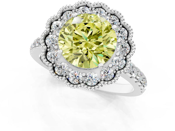 Platinum Fancy Yellow Round  Cut Diamond Milgrain Floral Halo Engagement Ring with Pavé Band