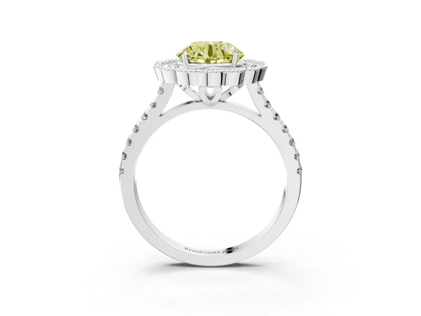 Platinum Fancy Yellow Round  Cut Diamond Milgrain Floral Halo Engagement Ring with Pavé Band