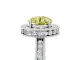 White gold Fancy Yellow Round Cut Diamond Milgrain Halo Engagement Ring with Round Pavé Band and Prong Setting_17