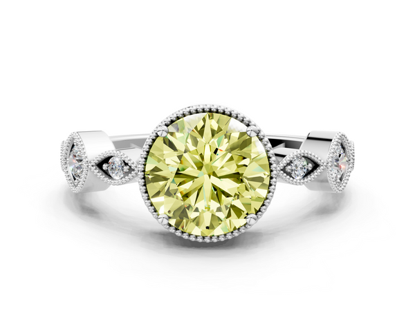 Platinum Fancy Yellow Round  Cut Diamond Milgrain Marquise Band with Prong Setting