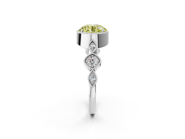 Platinum Fancy Yellow Round  Cut Diamond Milgrain Marquise Band with Prong Setting