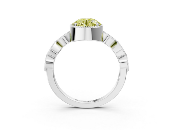 Platinum Fancy Yellow Round  Cut Diamond Milgrain Marquise Band with Prong Setting