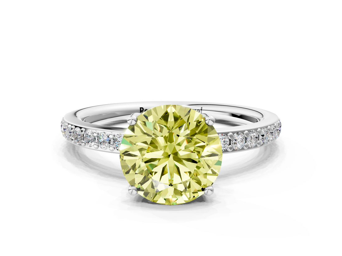 White gold Fancy Yellow Round  Cut Diamond Pavé Band Ring with Four-Prong Setting