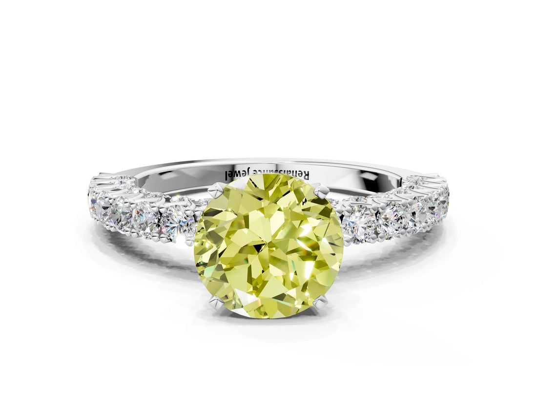 White gold Fancy Yellow Round Cut Diamond Pavé Band Solitaire Ring with Prong Setting_29