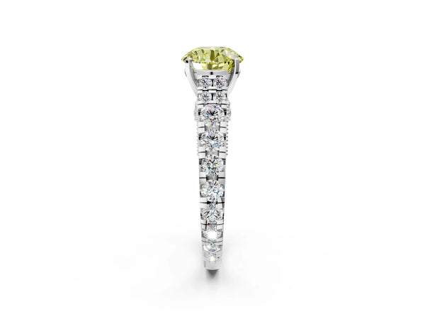 White gold Fancy Yellow Round Cut Diamond Classic Solitaire Ring with Pavé Band and Four-Prong Setting