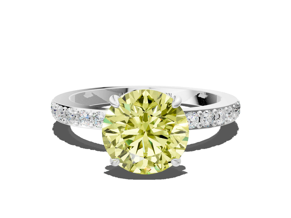 White gold Fancy Yellow Round Cut Diamond Pavé Engagement Ring with Round  Accents and Prong Setting_53