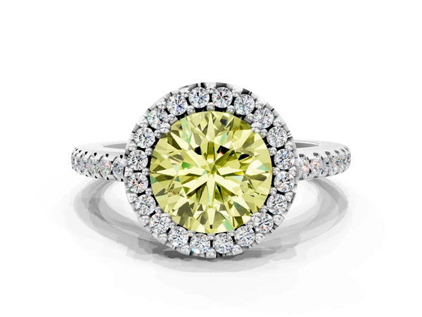 White gold Fancy Yellow Round Cut Diamond Pavé Halo Ring with Four-Prong Setting