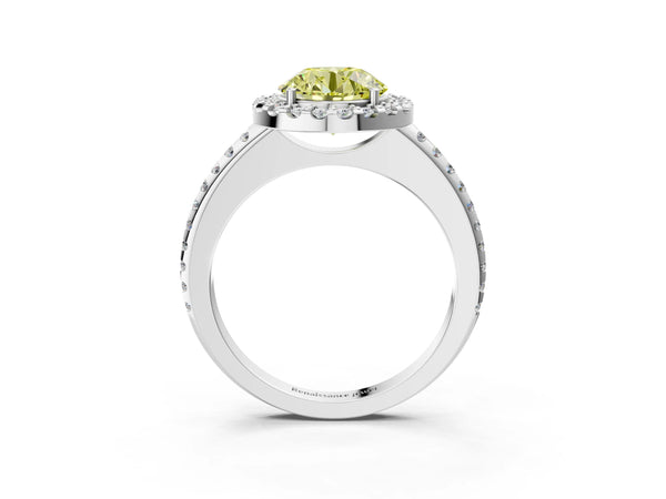 White gold Fancy Yellow Round Cut Diamond Pavé Halo Ring with Four-Prong Setting