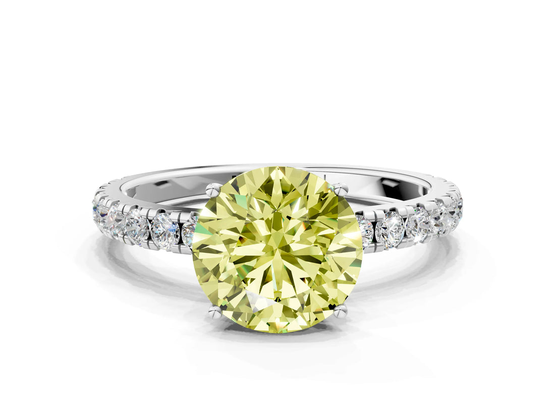 White gold Fancy Yellow Round Cut Diamond Pavé Solitaire Engagement Ring with Four-Prong Setting_29