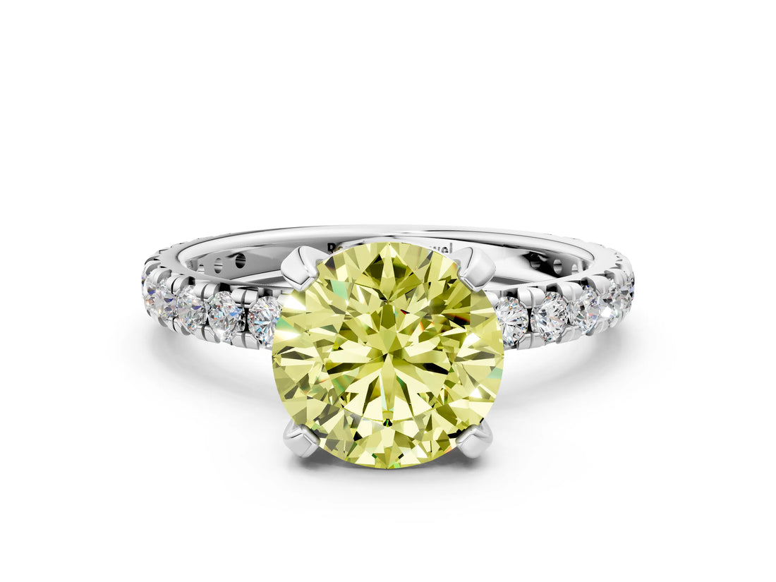 White gold Fancy Yellow Round Cut Diamond Pavé Solitaire Ring with Round Band and Prong Setting_16