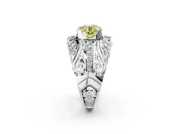 White gold Fancy Yellow Round Cut Diamond Pave Art Deco Split Shank Ring with Four-Prong Setting