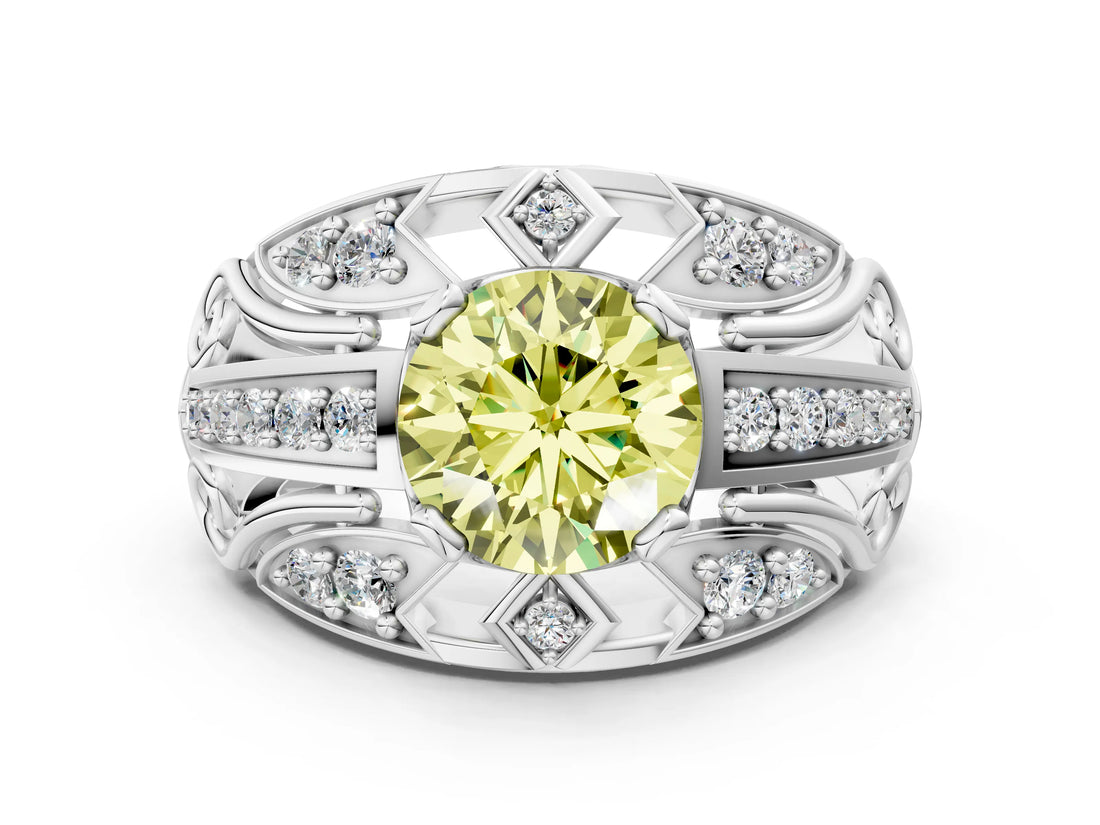 White gold Fancy Yellow Round Cut Diamond Pave Art Deco Split Shank Ring with Four-Prong Setting