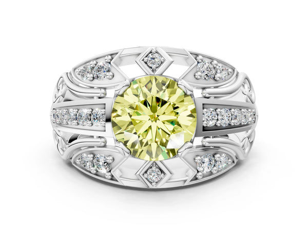 White gold Fancy Yellow Round Cut Diamond Pave Art Deco Split Shank Ring with Four-Prong Setting