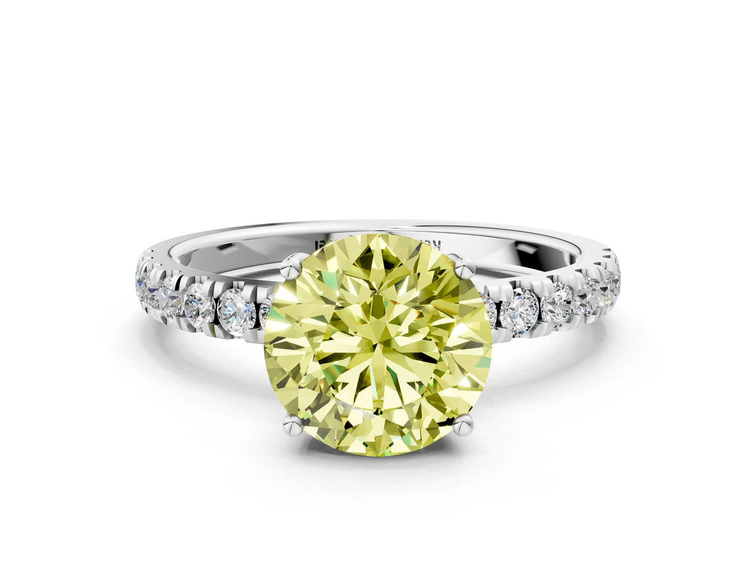 White gold Fancy Yellow Round Cut Diamond Pave Band Solitaire Ring with Round  and Prong Setting_89