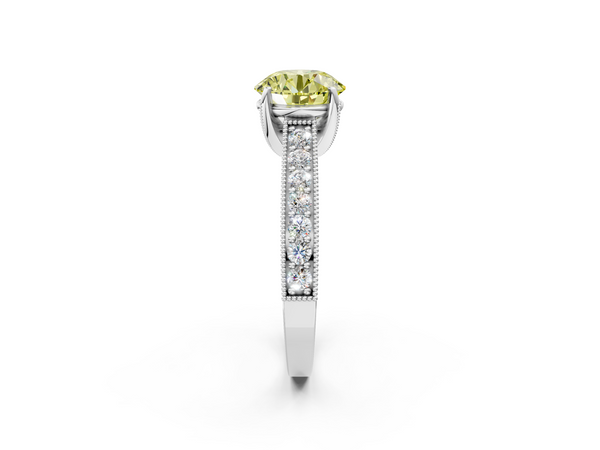 White gold Fancy Yellow Round  Cut Diamond Solitaire Ring with Milgrain Pave Band and Four Prong Setting