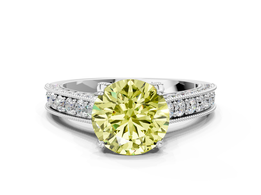 White gold Fancy Yellow Round  Cut Diamond Pave Band with Four-Prong Setting
