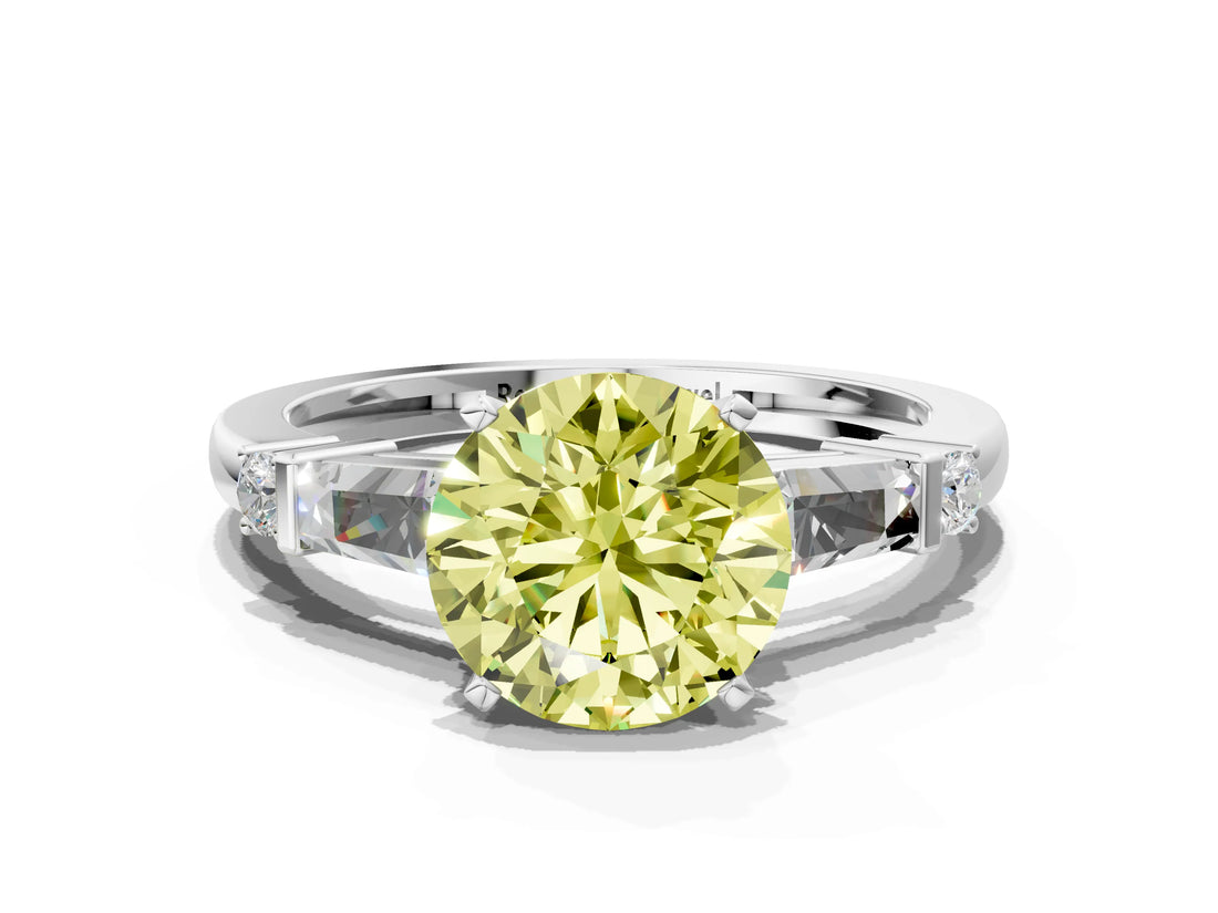 White gold Fancy Yellow Round  Cut Diamond Ring with Baguette Side Stones, Channel Set Band, and Four-Prong Setting_48