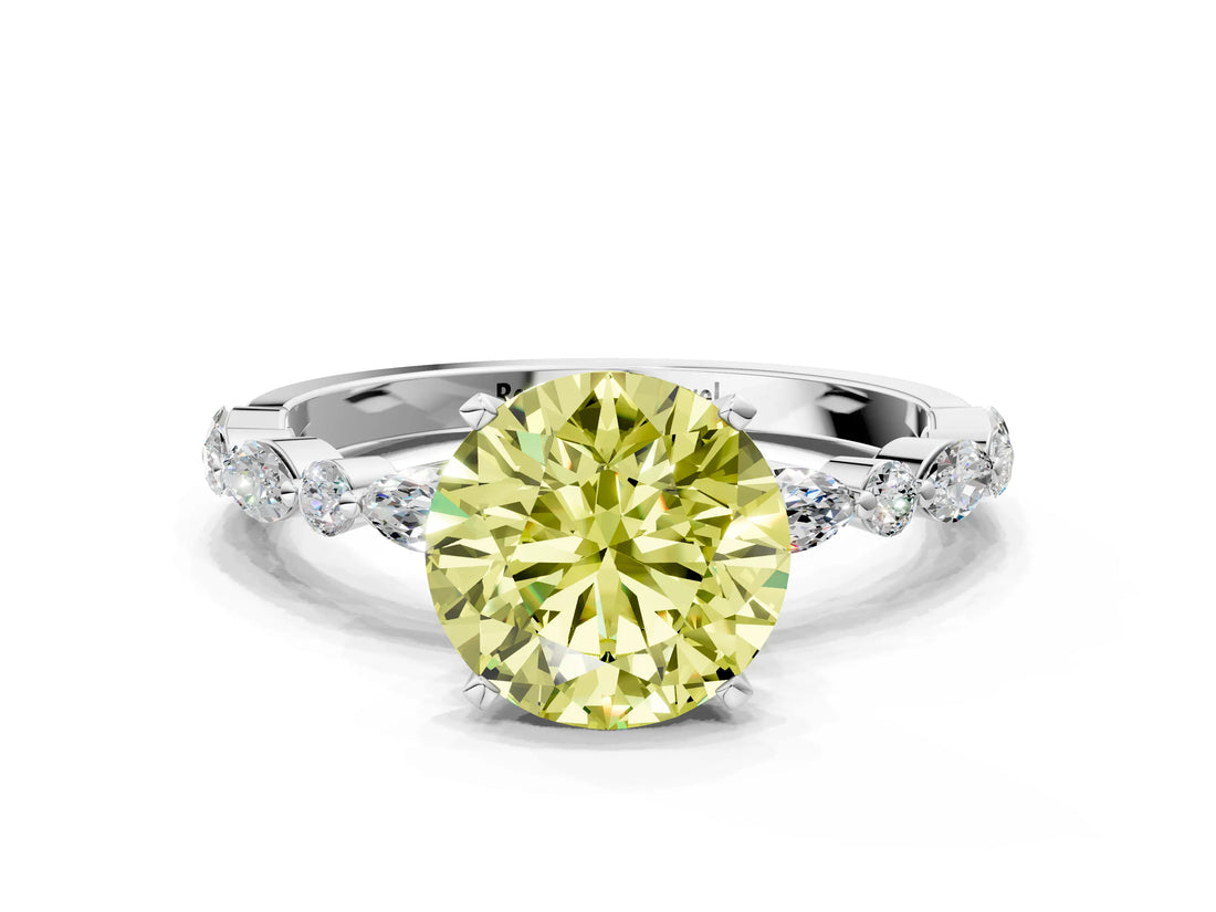 White gold Fancy Yellow Round Cut Diamond Ring with Marquise and Round  Side Stones and Four-Prong Setting_41