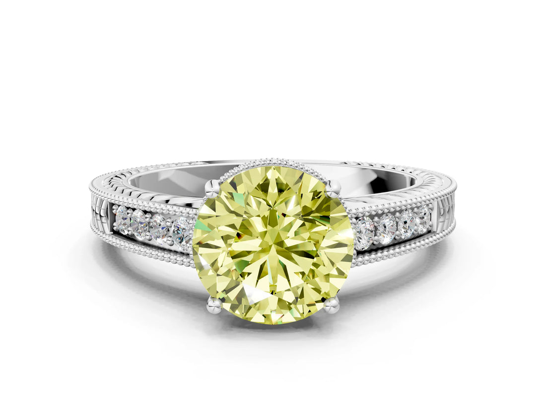 White gold Fancy Yellow Round Cut Diamond Ring with Milgrain Pavé Band and Four-Prong Setting_32