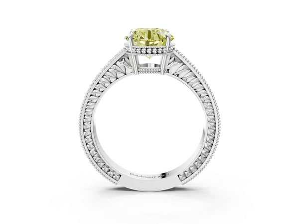 Platinum Fancy Yellow Round Cut Diamond Ring with Milgrain Pavé Band and Four-Prong Setting