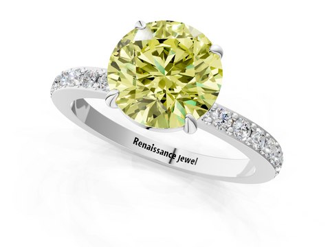White gold Fancy Yellow Round  Cut Diamond Ring with Pavé Band and Four-Prong Setting_1