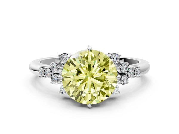 White gold Fancy Yellow Round Cut Diamond Ring with Side Stones and Four-Prong Setting