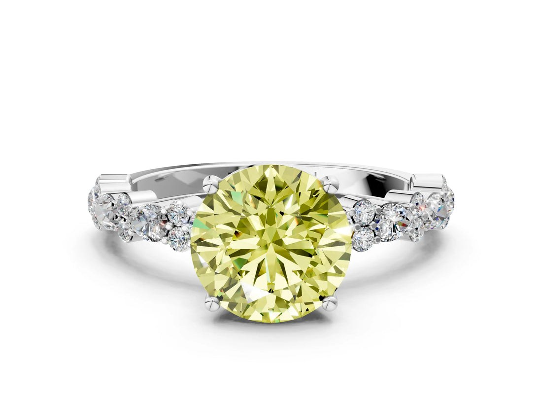 White gold Fancy Yellow Round Cut Diamond Side Stone Solitaire Ring with Round  and Four-Prong Setting_24