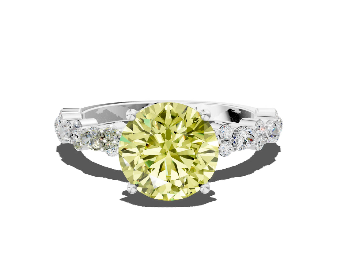 White gold Fancy Yellow Round Cut Diamond Side Stone Solitaire Ring with Round  and Four-Prong Setting_77