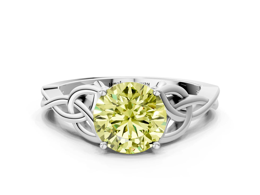 White gold Fancy Yellow Round Cut Diamond Solitaire Celtic Knot Ring with Four-Prong Setting_29