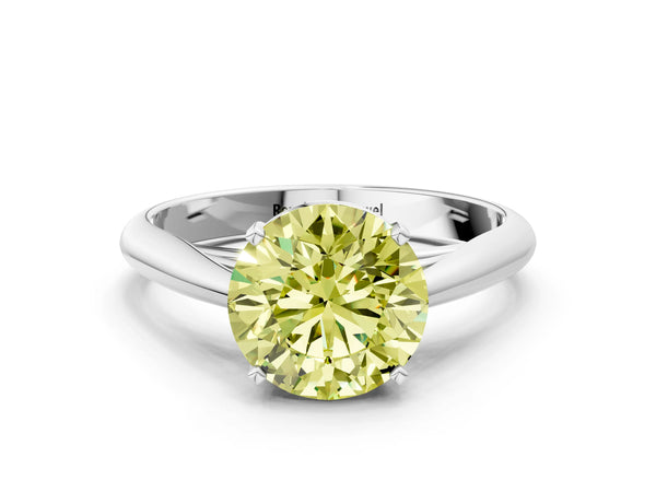 White gold Fancy Yellow Round Cut Diamond Solitaire Engagement Ring with Cathedral Setting and Four-Prong Mount